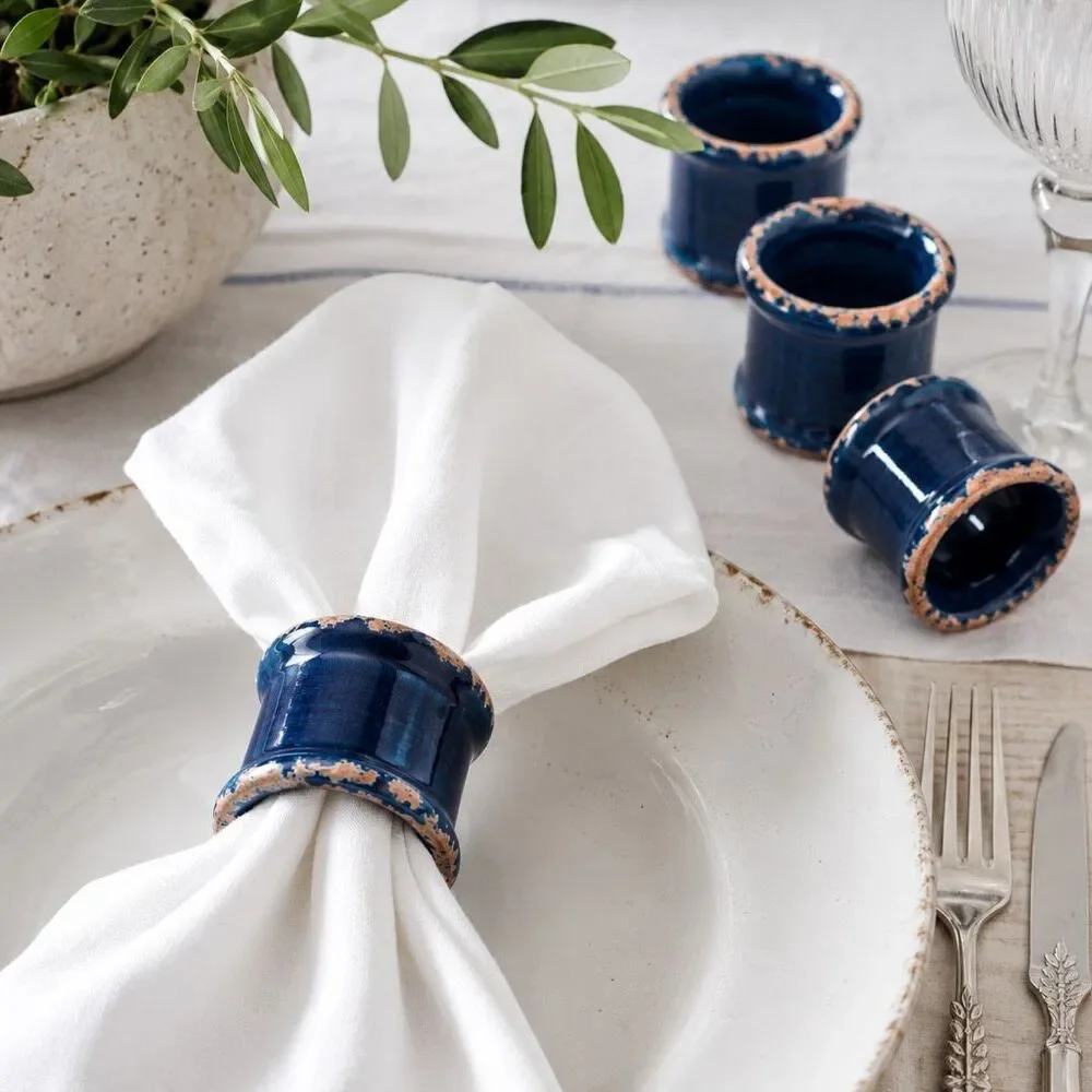 Williams Sonoma Rustic Ceramic Napkin Rings Set 4 Blue Crackle Glaze Italy New